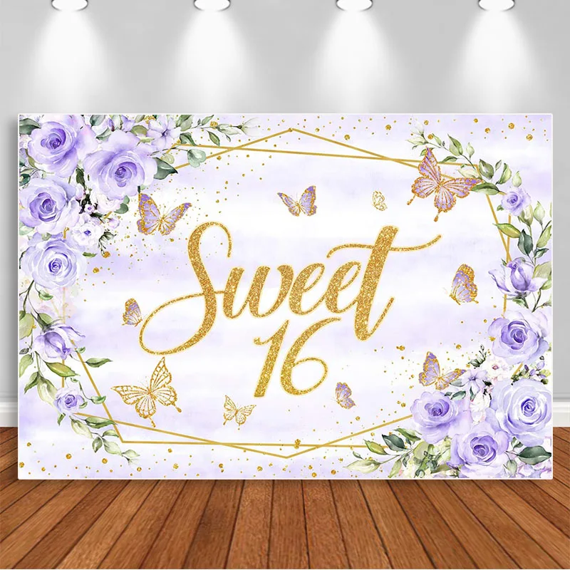 Купи Sweet 16 Birthday Backdrop For Purple Flowers Butterfly Party Decoration Photography Background Banner Photo Studio Props за 230 рублей в магазине AliExpress