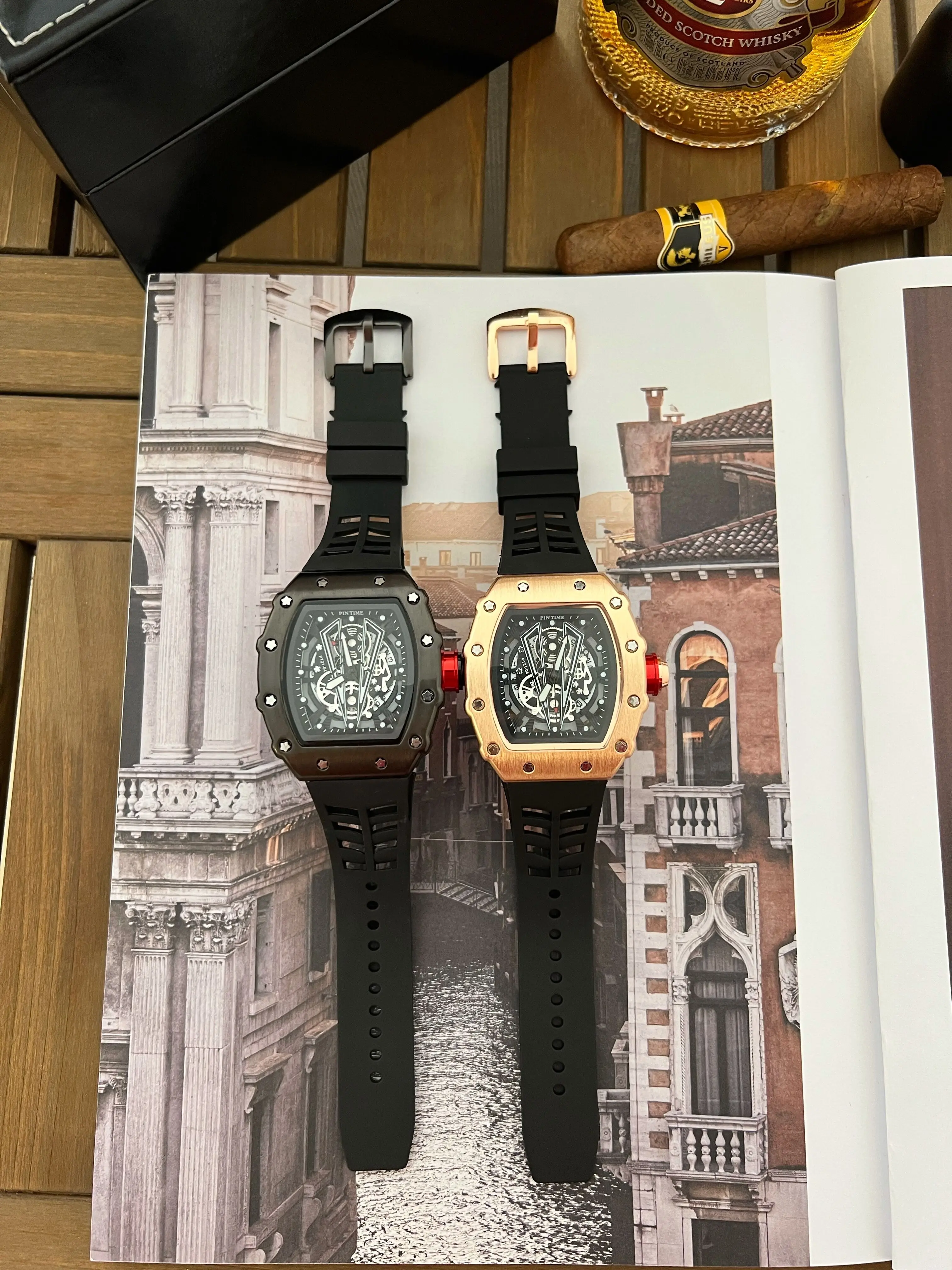 

PINTIME Fashion Tonneau Watch Quartz Calendar Wirstwatch Rubber Strap Reloj Military Sports Watches Relogio Masculine Men Clock