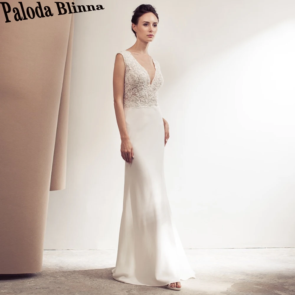 

Paloda Vintage Backless Tank Wedding Dresses For Women Satin Court Train V-Neck Trumpet Sleeveless Vestidos De Novia Brautmode