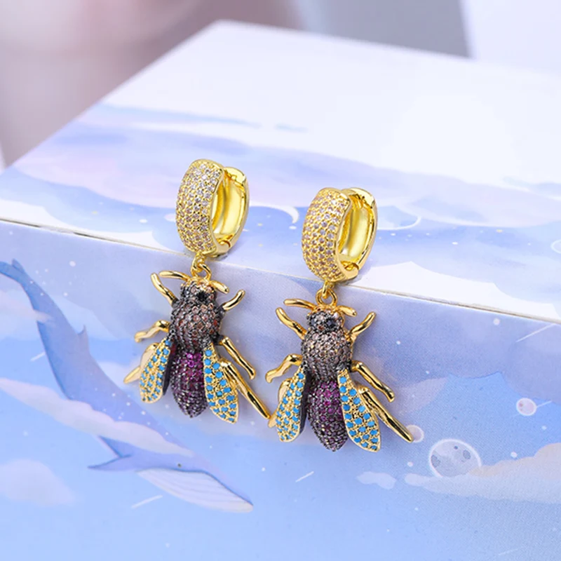 

JUWANG Vintage Stud Earrings Luxury Jewelry Cubic Zirconia Beetle Bee Pendant Dangle Earrings For Women Brincos Pendientes Mujer