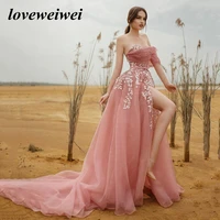 pink a line evening dresses appliques tulle prom dress sweetheart one shoulder straps evening gowns sexy high slit party dresses
