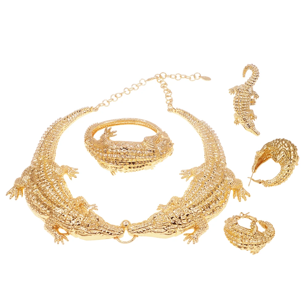 Women Jewelry Set Italy Gold Plated Crocodile Necklace Animal Design Ring Large Necklace Party Essential 2023 New