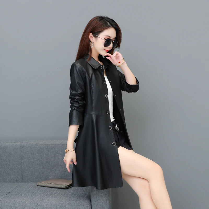 2022 Women Apparels  Fashion Plus Size Biker Long  Faux Leather Jackets Sexy Style Black Wrap Coat Trench Coat with Waistband