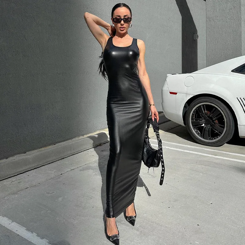 

Черные облегающие платья без рукавов из искусственной кожи для женщин 2023, модное сексуальное длинное платье на выход, длинное платье для ночного клуба