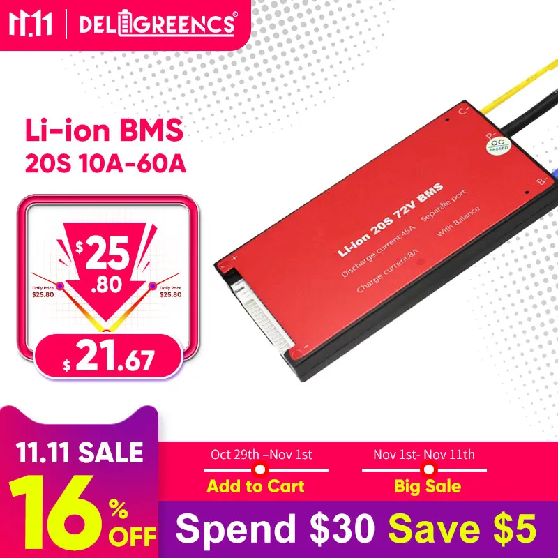 

Комплект литиевых батарей 20S 30A 40A 50A 60A PCM/PCB/BMS для литиевого аккумулятора 60 в 72 в для электрического велосипеда, скутера и инструментов, резер...