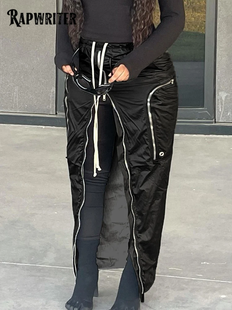 

Rapwriter Fashion Zipper High Slit Cargo Skirts Streetwear High Waist Lace-up Maxi Skirt All-Match Black Pocket Bottoms Female