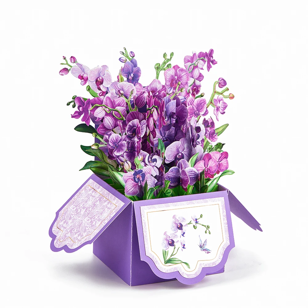 

3D выдвижные открытки, фиолетовые орхидеи цветущие персонализированные ручная работа, для матери, День Святого Валентина, свадебный подарок