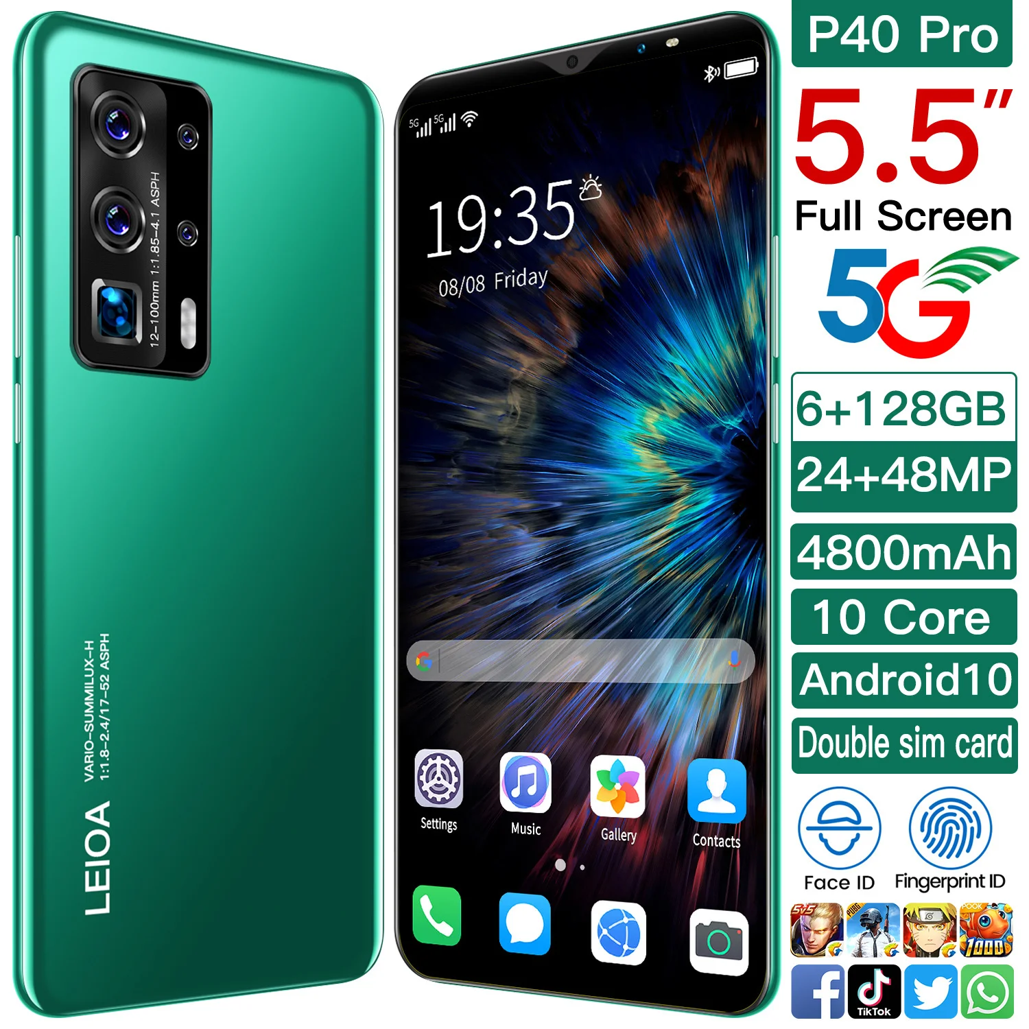 Дешевый смартфон глобальная версия P40 Pro 5 дюйма 10 ядер 6 + 128 ГБ 24 48 Мп MTK6763 сканер