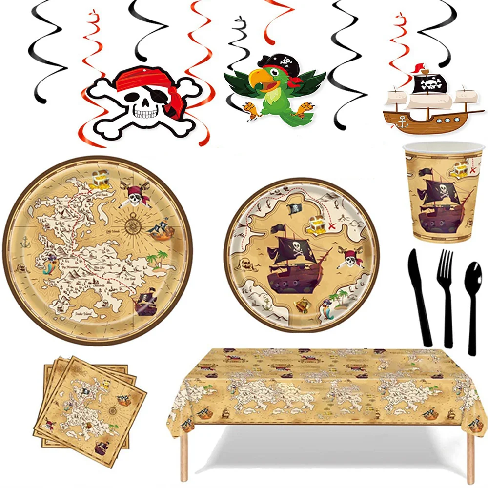 

Pirate Birthday Supplies for Kids Party Tableware Decoration Captain Parrot Treasure Nautical Chart Tablecloth Paper Plates Cups