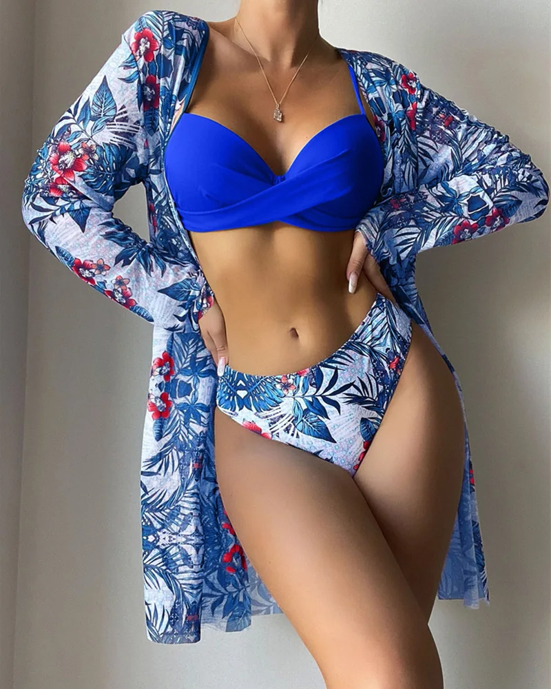 Three Pieces Bikini Set Long SleeveSkirt Tunics For Beach Cover Up Swimsuit Women Ruffle Biquini Bathing Suit Summer Beach Wear