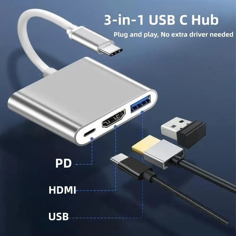 

Type-C Adapter Multiport USB C Hub 3 in 1 to 4K HDMI /USB/ PD for MacBook Pro/Air iPad Samsung Xiaomi Huawei Switch