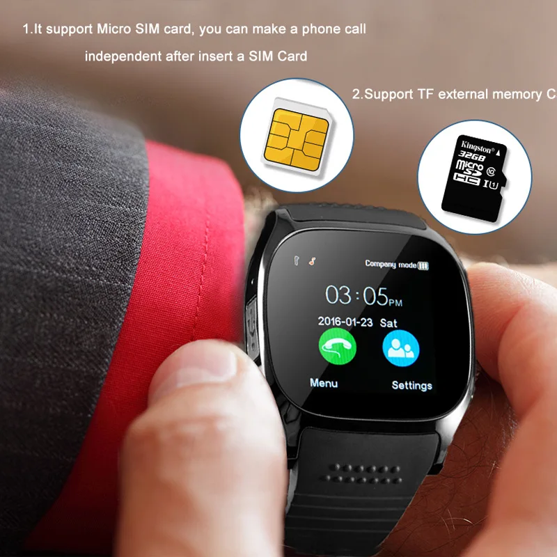 

Мужские Смарт-часы T8 с удаленной камерой, Bluetooth, звонками, музыкальным проигрывателем, информационным приложением, поддержкой SIM-карты, TF-карты, вставками для Android и IOS