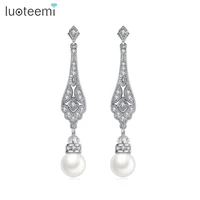 luoteemi big imitation pearl water drop earrings cubic zircon long attractive high quality fashion jewelry for girl party bijoux