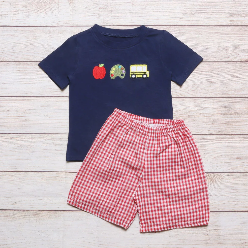 

Baby Boy Clothes Boy Set Kids Clothes Boys Clothing Two Piece School Bus Apple Embroidery T-Shirt Red Grid Shorts Boy Clothes