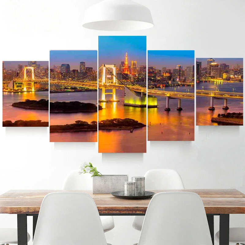 5-панельная холщовая картина с изображением Токийской башни и моста с рисунком рисунка на стену абстрактное искусство домашний Декор без рамки