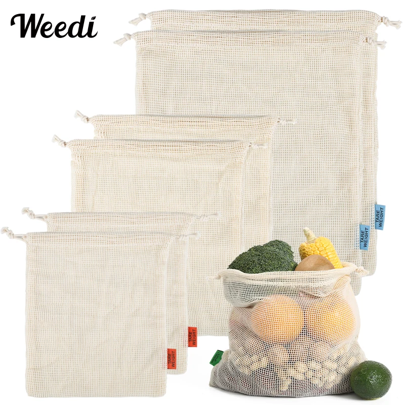 Фото WEEDI 3/5/10 упаковок, экологически чистые пакеты для продуктов, 100% органический хлопок, кухонные многоразовые пакеты для фруктов, мешок для овощей, многоразовая сумка для продуктов №1