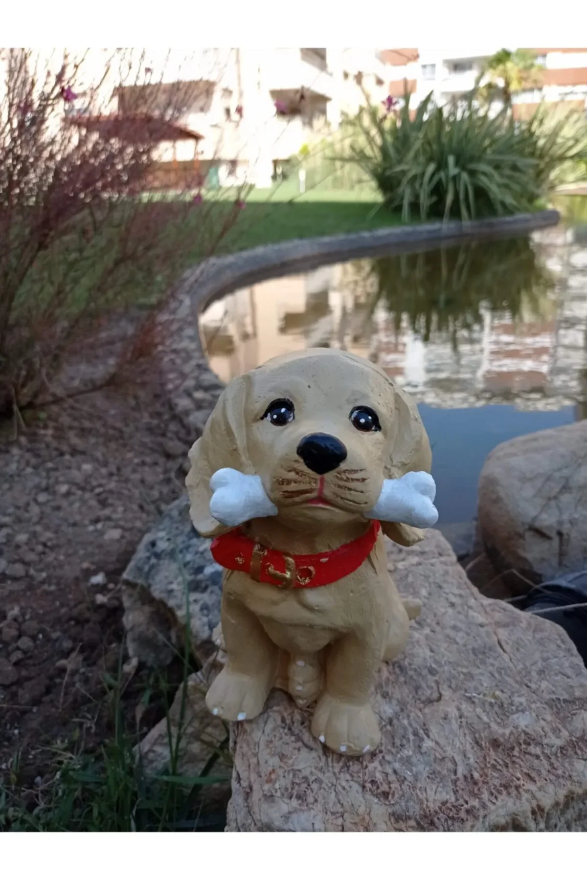 

Room and Garden Decor Golden Puppy and Dog Trout Sculpture Christmas Dress, Gypsum Sculpture Christmas