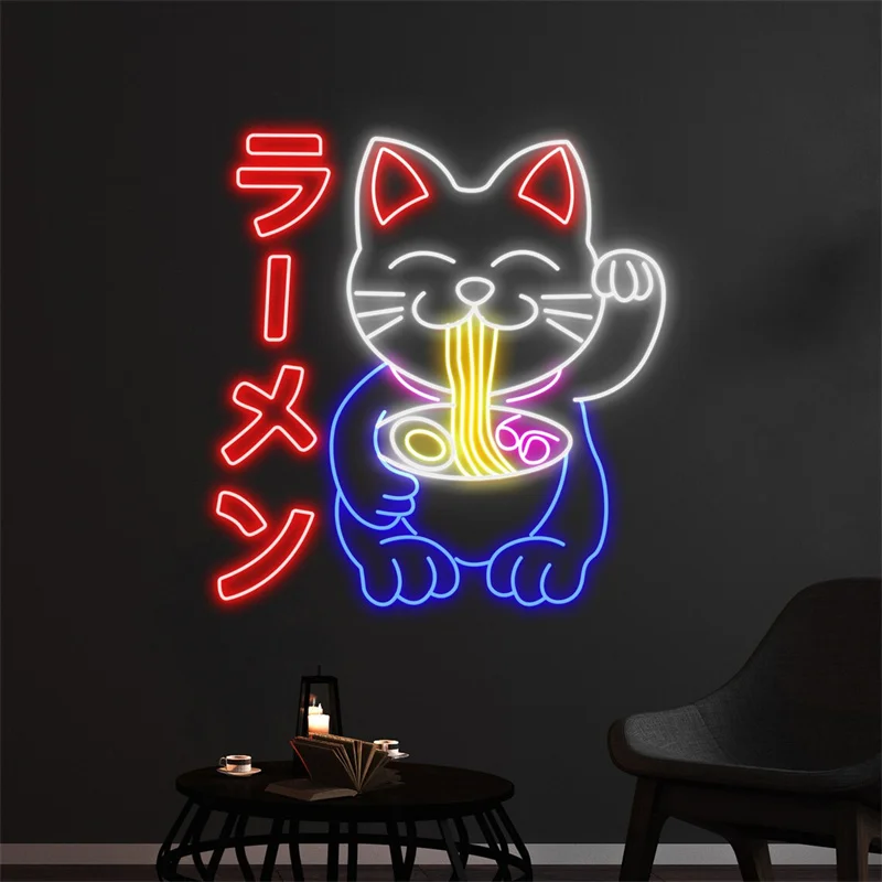 Неоновая вывеска Lucky Cat Eating Ramen светодиодная лампа Fortune Eats Noodle японский кот Neon Light