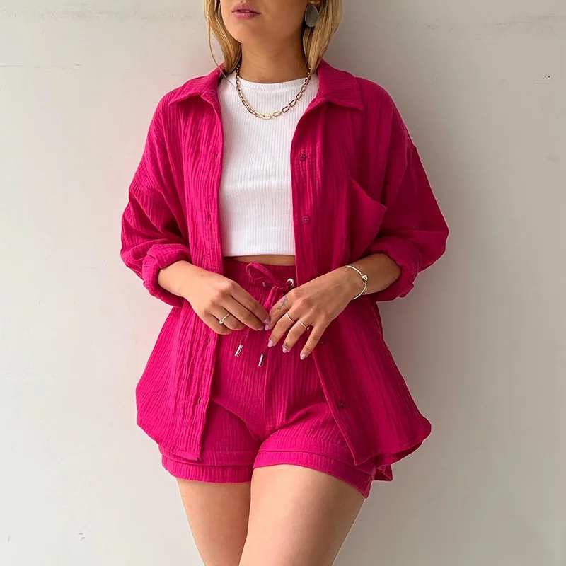 

2023 New Arrivals Casual Versatile Lapel Collar Long Sleeved Shirt With High Waist Drawstring Shorts Plus Size Women Clothing 3