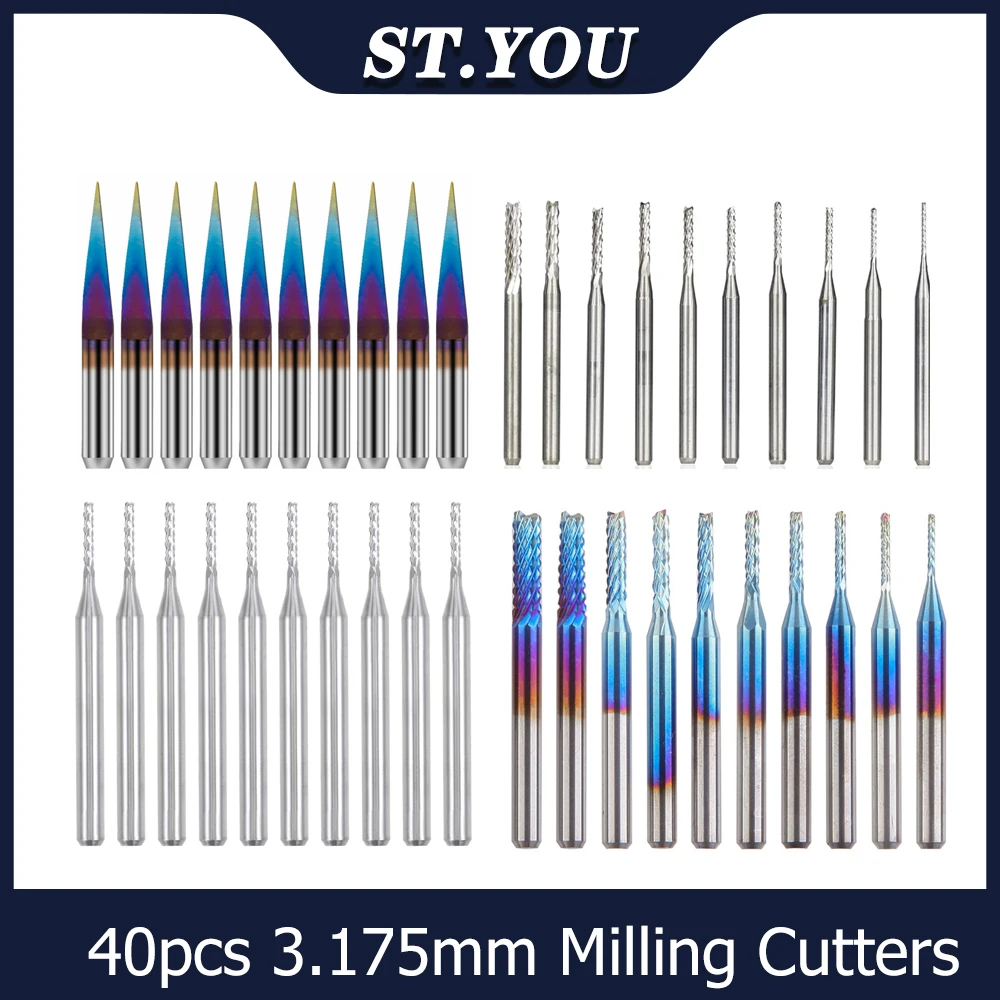 

10/40pcs End Mill Bits Set 3.175mm CNC Router Bit 3.175 Shank Ball Nose Flat Straight Flute End Mill Carbide Milling Tools