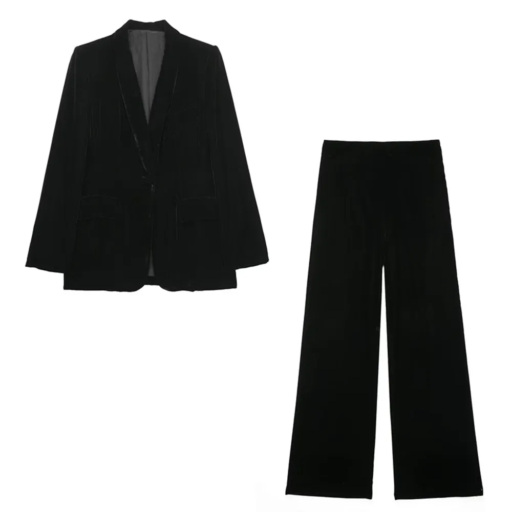 

PB&ZA autumn new women's retro temperament velvet suit jacket + black high waist loose long flared pants 7969/947