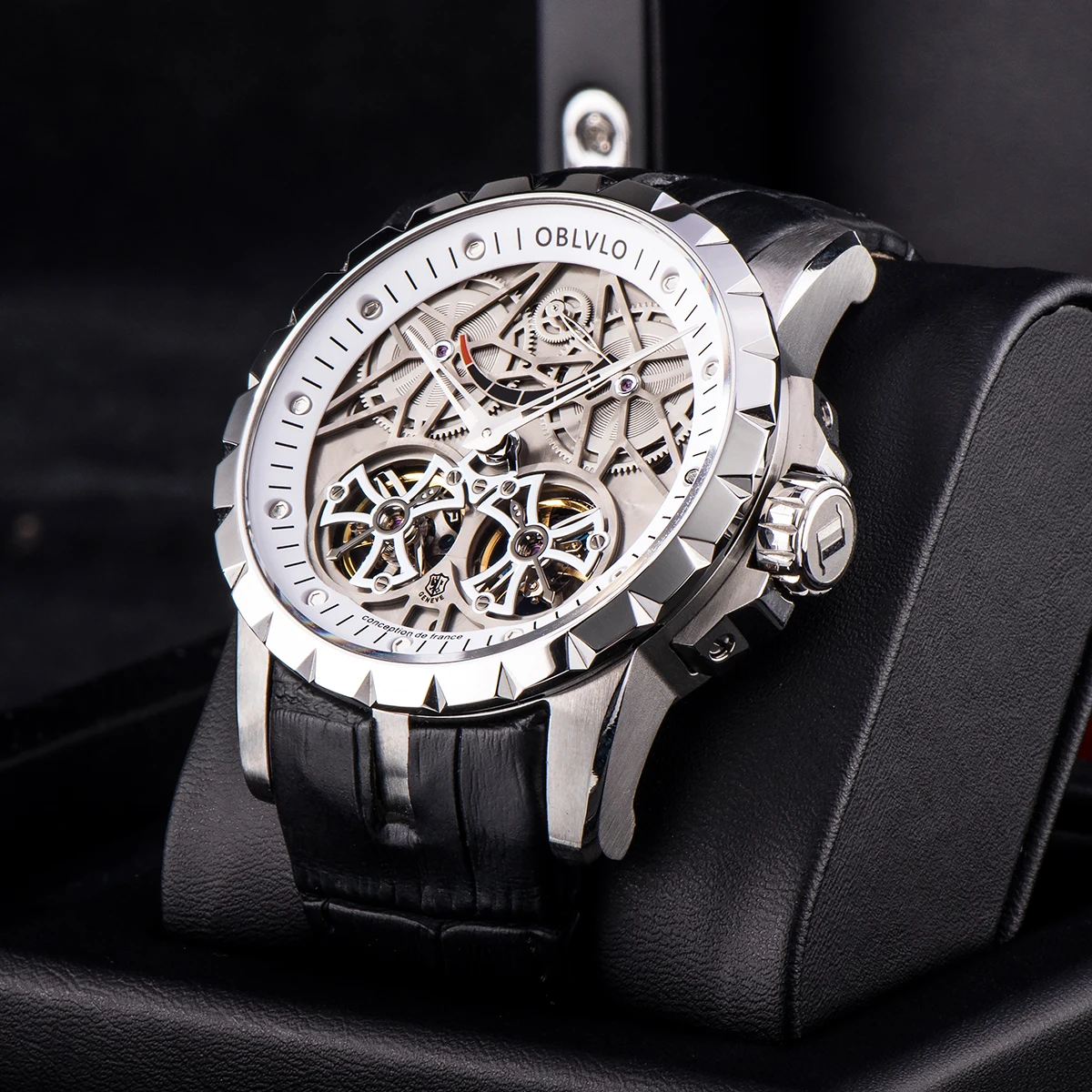 

OBLVLO Luxury Transparent Hollow Men Skeleton Automatic Watch Sport Mechanical Tourbillon Calfskin Leather Sapphire Clock RM-E