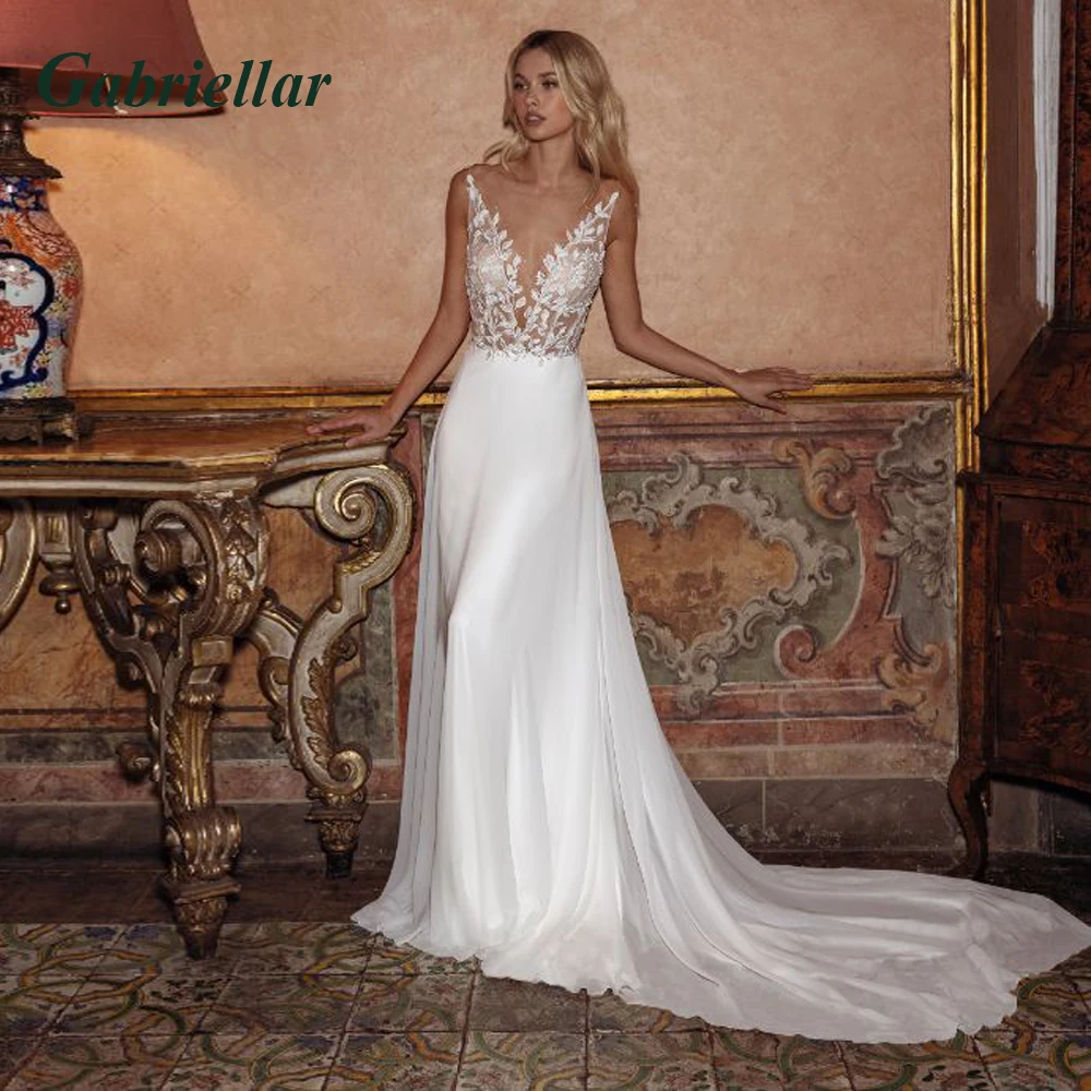 

Gabriellar Classic Chiffon Glitter Wedding Dresses Appliques A-line Sleeveless Wedding Gown Vestidos De Novia Made To Order
