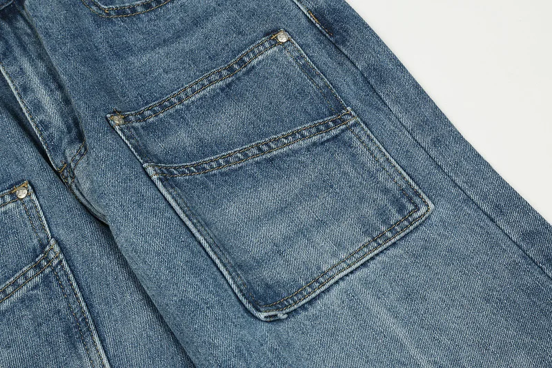 High Street Tide Retro Patchwork Pockets Washed Old Men'S Fall And Winter Casual Jeans