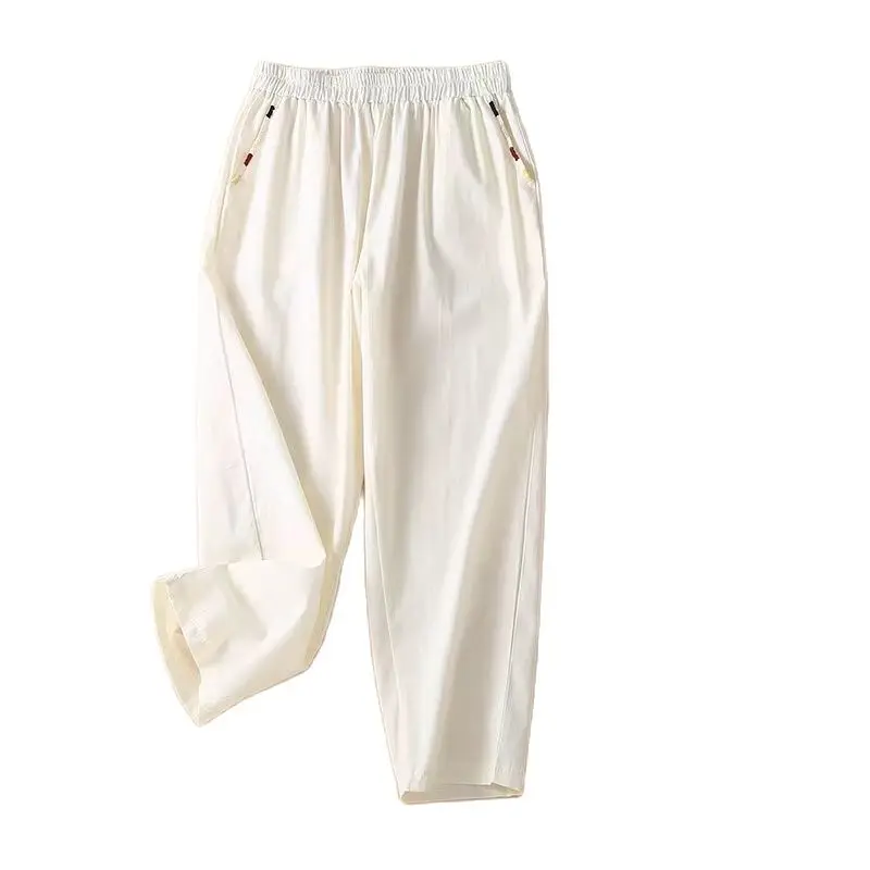 

Elastic Waist Cotton Linen Pants Casual Breathable Loose Women Summer Clothes New Pocket Embroidery Retro Ankle-length Pants