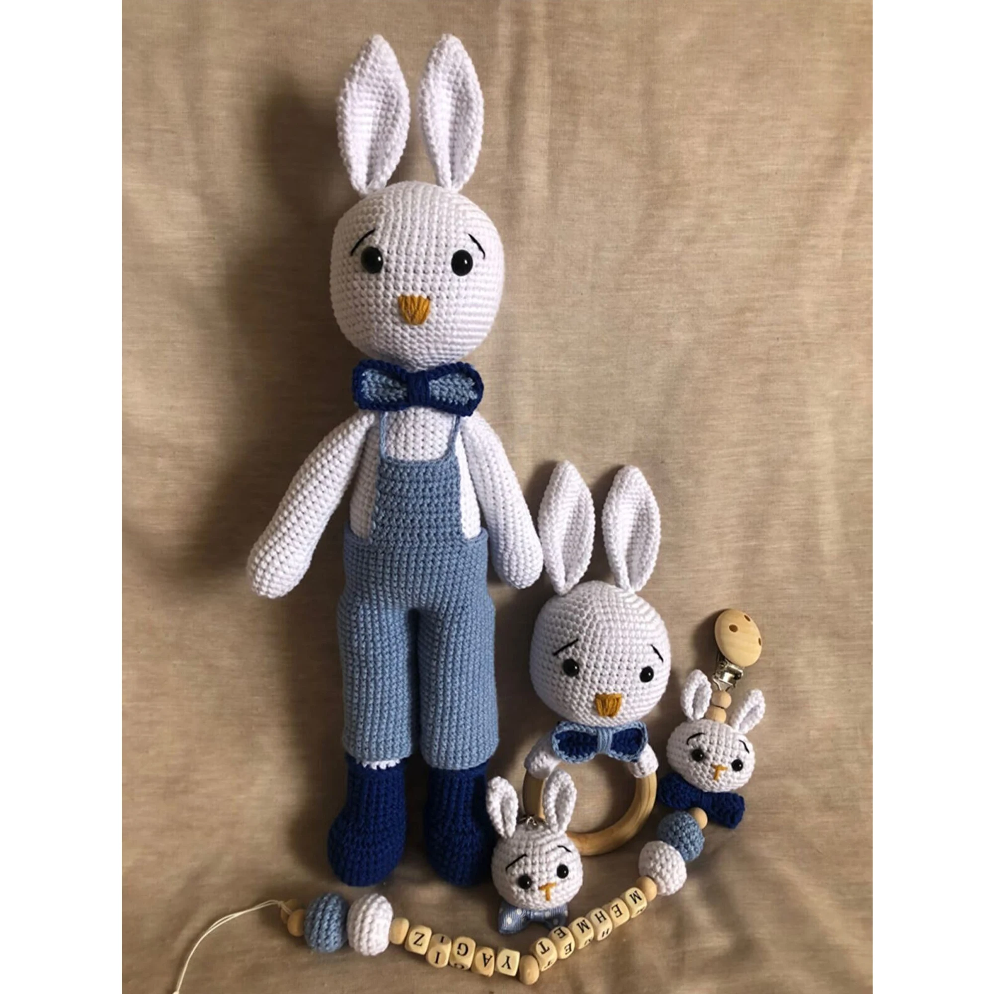 

Amigurumi Cute Boy Rabbit Set of 4 Organic Knitted Toys Washable Handmade Dolls Newborn Sleeping Companion Sweet Baby for Sale