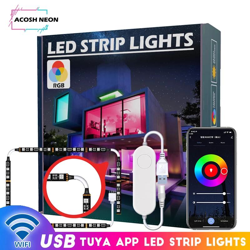 TUYA USB TV Backlights LED Strip 5V Black LED Strip Lights Work with Alexa Google Assistant 75 inch 5050SMD RGB LED Strip Lamp