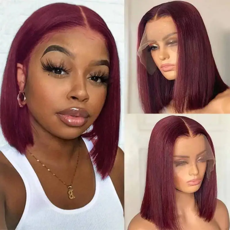 Straight 99J Bob Wigs Colored Human Hair Wig Bob Pre Plucked Short Square Wig Green Red 13X4 Lace Front Women Brazilian Weaving
