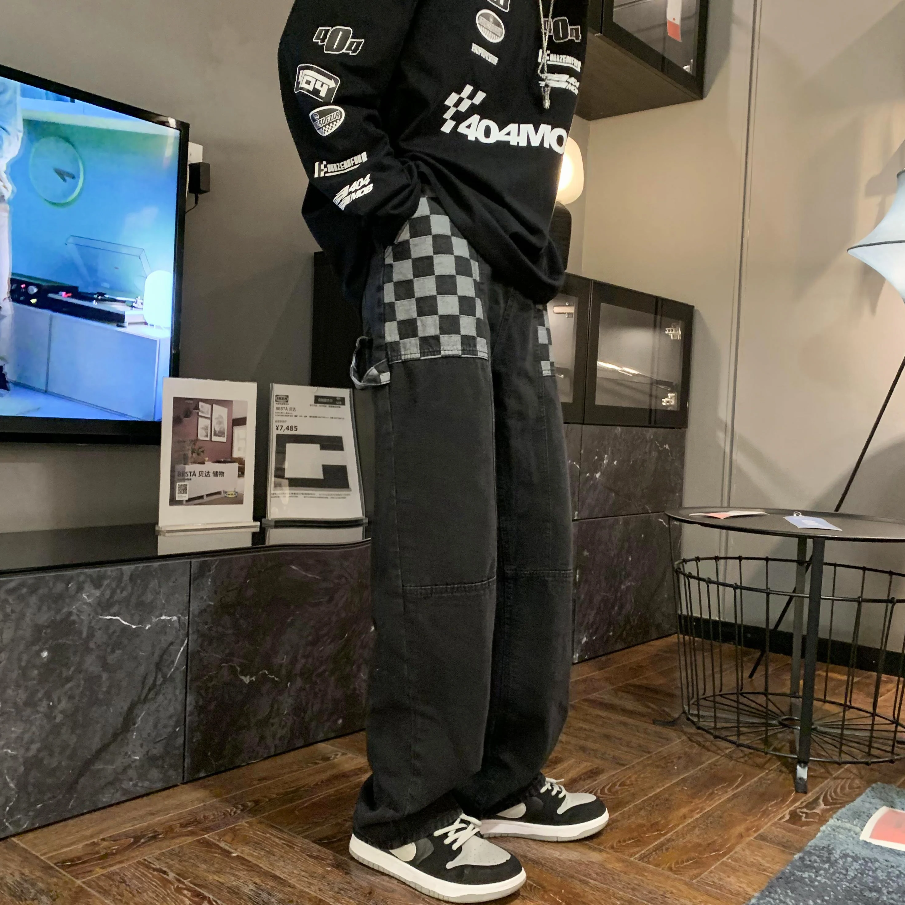 Retro Printed Denim Trousers Men's High Street Wide Leg Pants Street Loose Casual Jeans