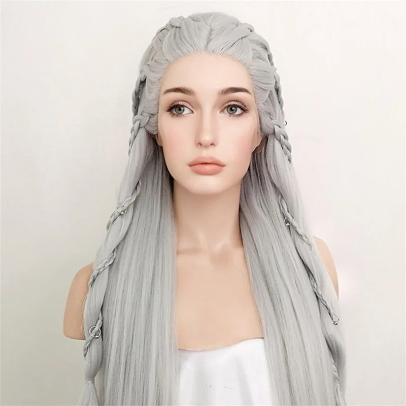 Long Straight Synthetic Lace Grey Wigs Lace Front Wig For Women Synthetic Smooth Wig High Temperature Fiber Hair Daily Wig