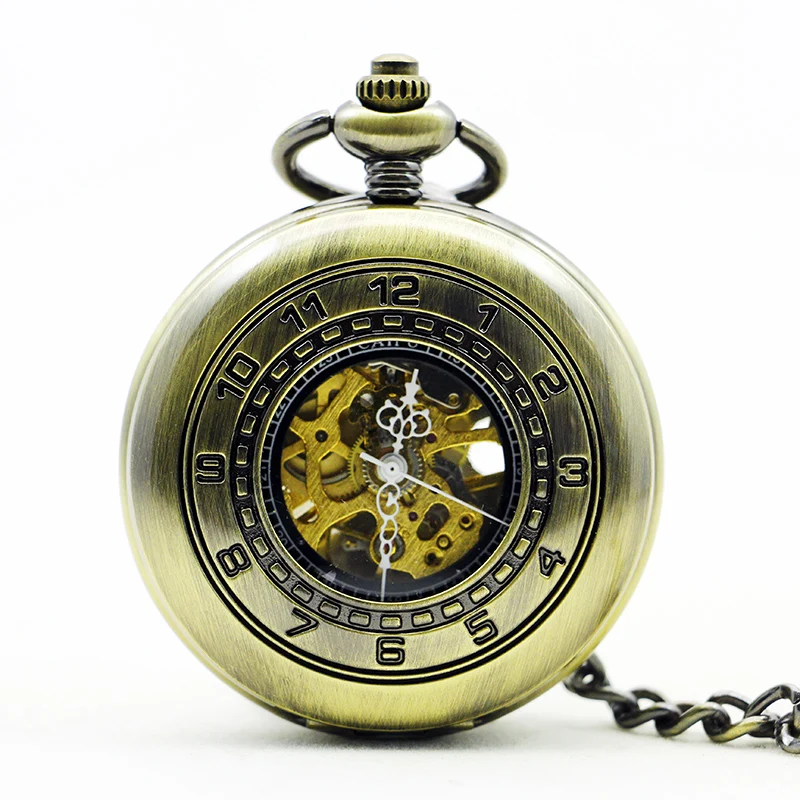 Roman Numerals Mechanical Hand-winding Pocket Watch Bronze  Fob Chain Pendant Clock Male Open Face Vintage Pocket Timepiece