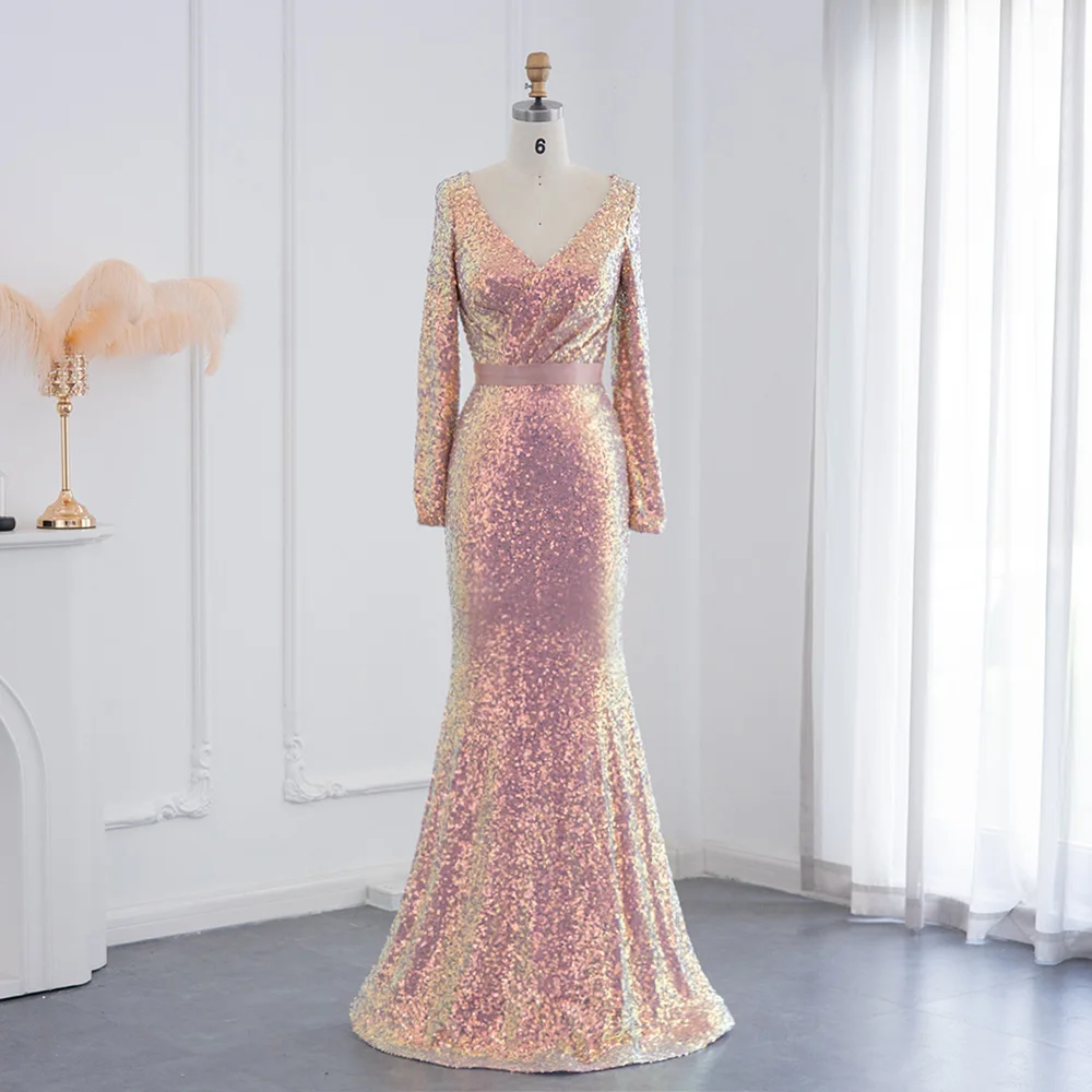 

Blush Pink Sequin Mermaid Muslim Evening Dresses Long Sleeve Luxury Elegant Prom Formal Dress for Women Wedding Party Gown SS464