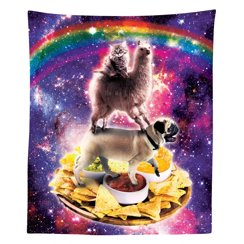 

Funny Outer Space Galaxy Cat Riding Llama Sloth Pug On Tortilla Corn Chips Taco Cosmic Rainbow Soft Tapestry By Ho Me Lili