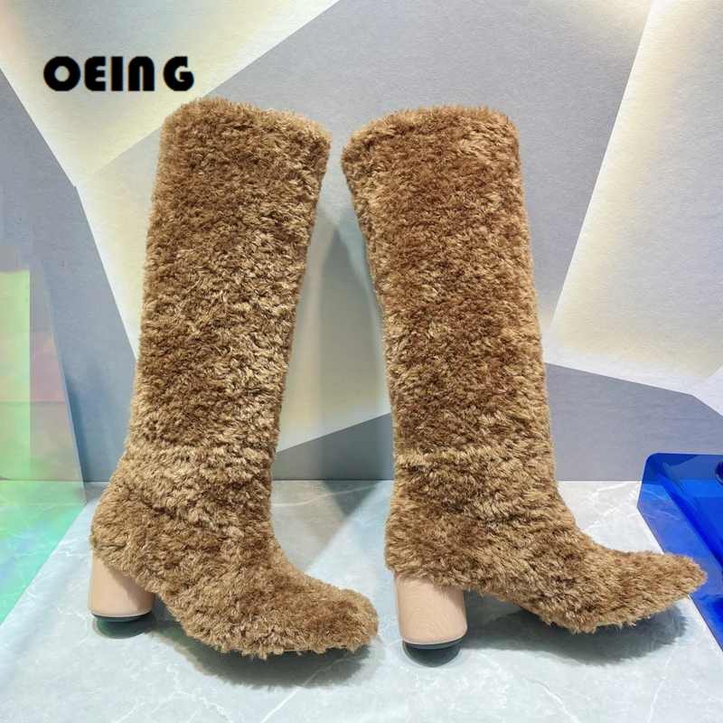 

2022 New Women Fluffy Boots Round to Round Heels Pull-on Mid Calf Boots Runway Knight Booties Women's Keep Warming Winter Shoes