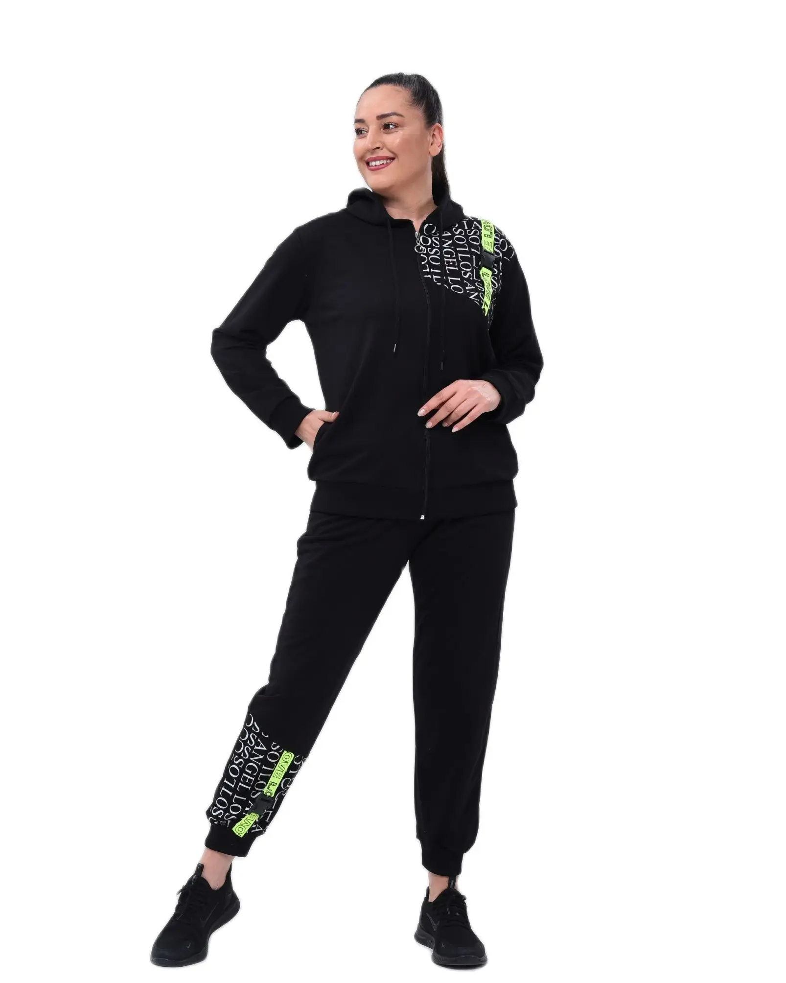 Women’s Plus Size Black Sweatsuit Set 2 Piece Neon Stripe And Letter Detail Tracksuit, Designed and Made in Turkey, New Arrival