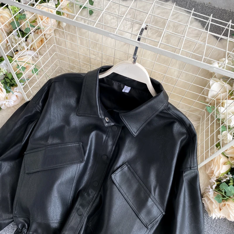 Clothland Women Sexy Black PU Leather Jacket Zipper Turn Down Collar Drawstring Tie Hem Female Chic Coats Mujer CA360