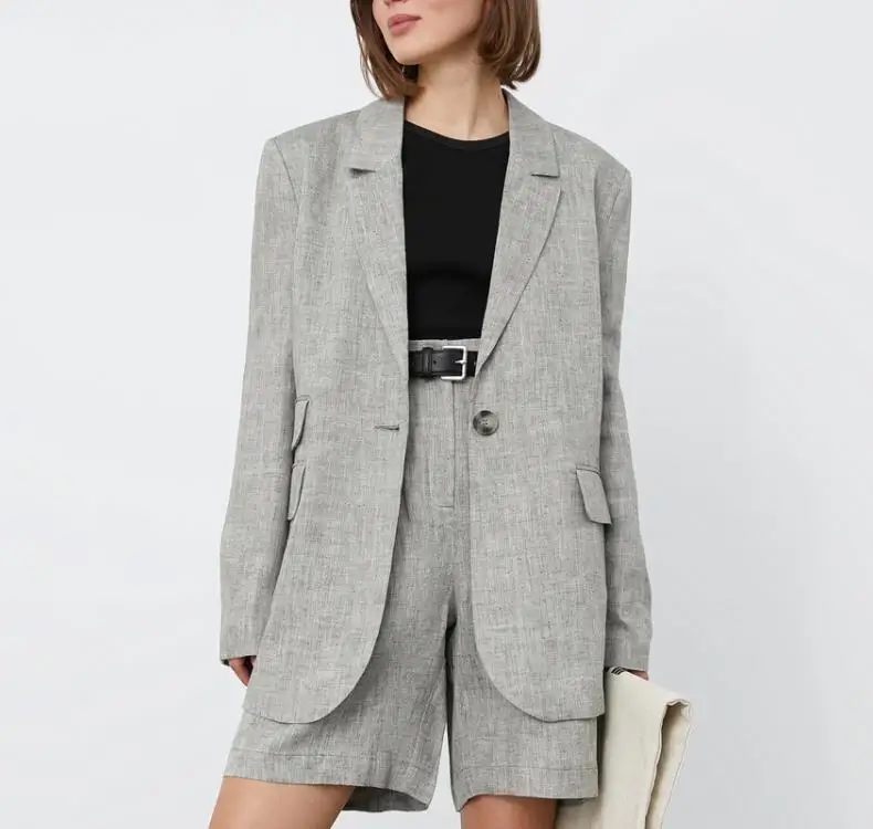 

2022 autumn women oversized blazer sets bermuda linen cotton sets office blazer sets