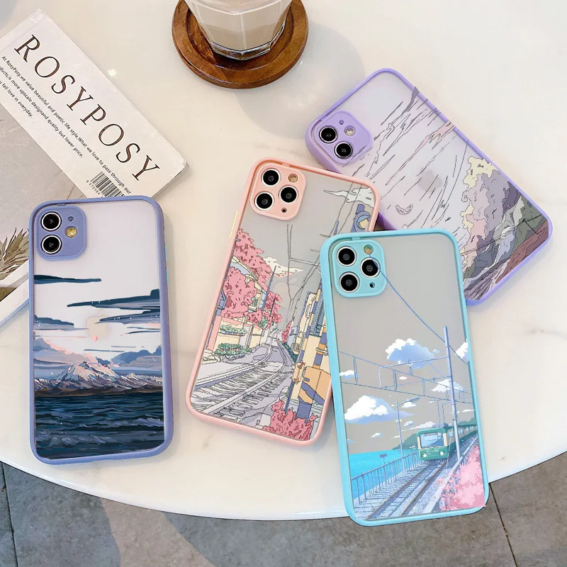 

Landscape Illustration Oil Painting Phone Case transparent For iphone 14 11 12 13 mini pro max scenery sunset art capa