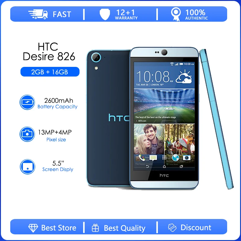 

HTC Desire 826 Refurbished-Original 826W Otca Core 5.5 inch 1920*1080 Dual SIM 2GB RAM 16GB ROM Unlocked dual 13.0MP camera 4G