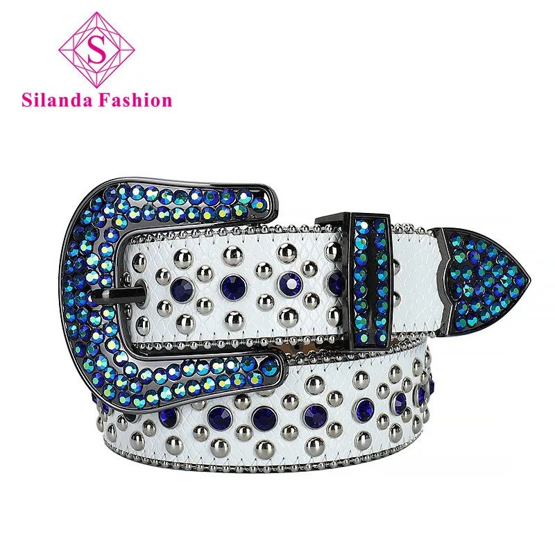 

Silanda Fashion Trendy Shining Blue Rhinestone Studded Waistband Men's Punk Pin Buckle Belts Women's Genuine Leather Girdles