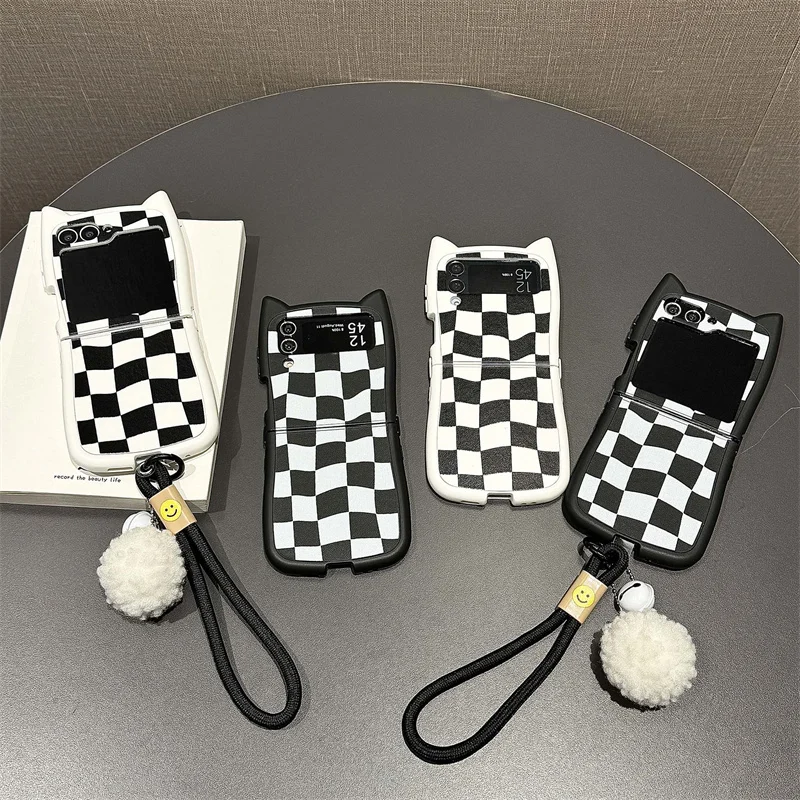 Cartoon Cat ears Plaid leather wristband Case Samsung Galaxy Z Flip 6 5 flip 3 4 Hand cord Cute plush shockproof cover fashion