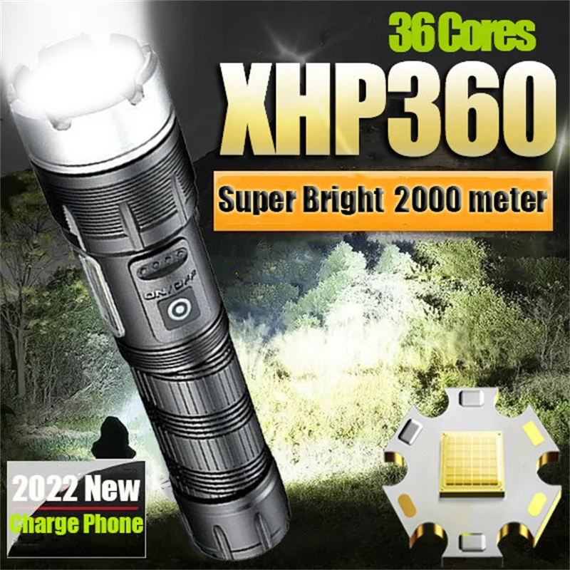 Мощный фонарик XHP360 26650 лм 36 ядер перезаряжаемый через USB фонарь масштабируемый