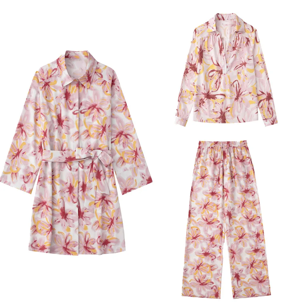 

Zach AiIsa summer new women's retro print loose long-sleeved shirt + temperament elastic waist high waist straight trousers