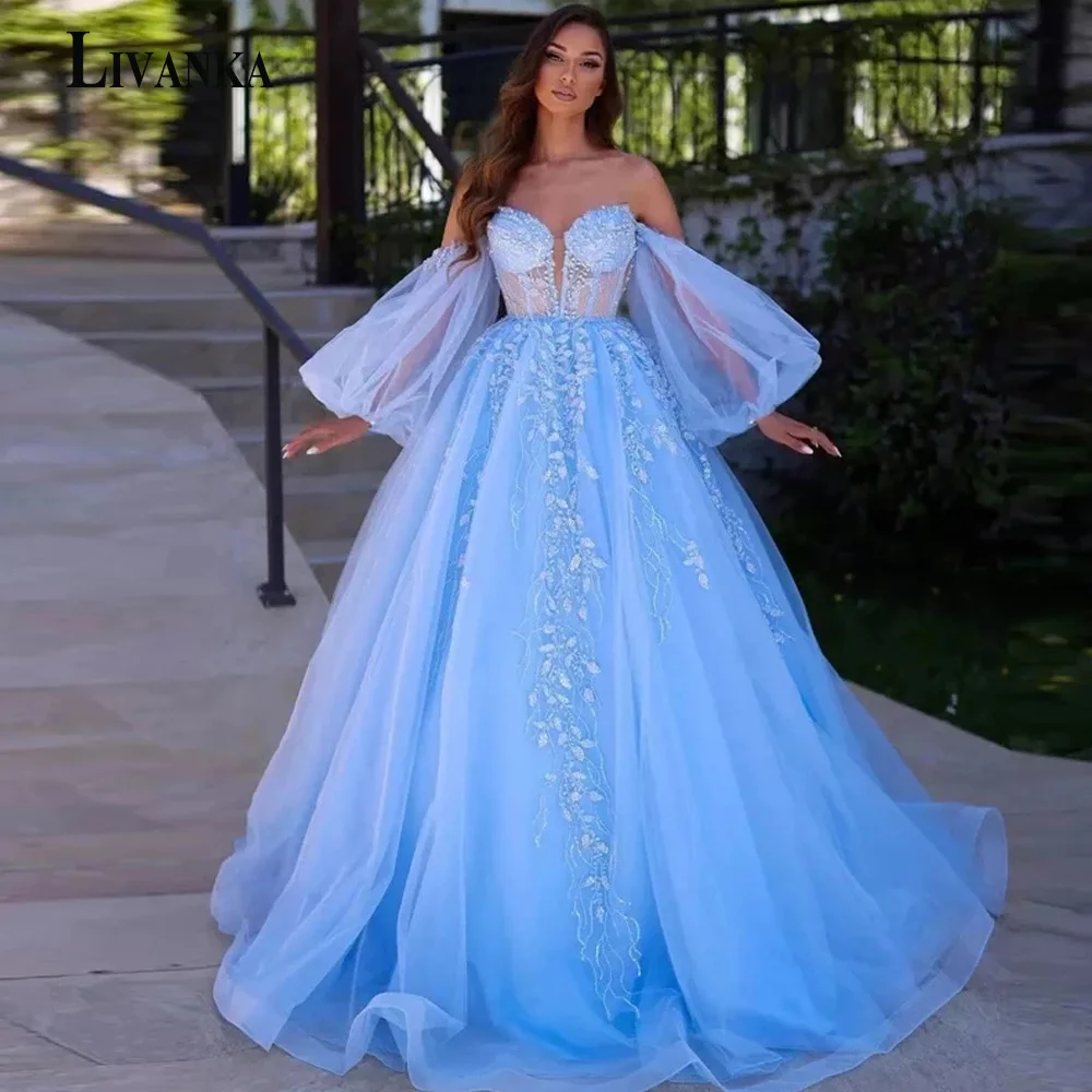 

LIVANKA Sparkly Evening Prom Dresses A-Line Blue Scoop Puffy Sleeves Appliques Beads Pleated Ball Gown Customised Abendkleider