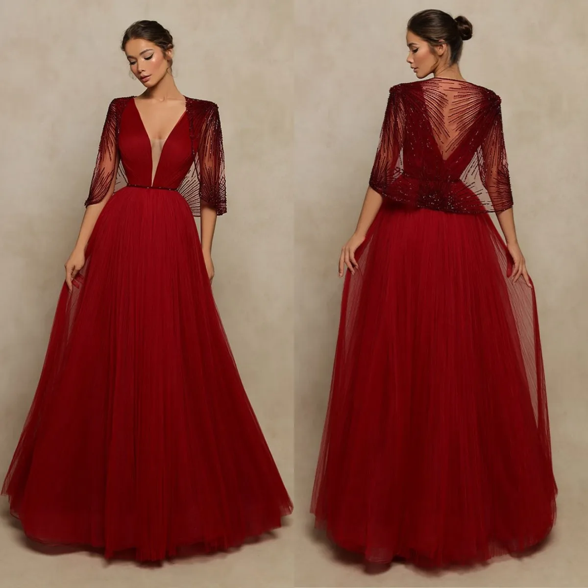 

Elegant Red Prom Dresses With Wrap Beading Sequined A Line Women Party Gowns V Neck Formal Outfit Evening Dress
