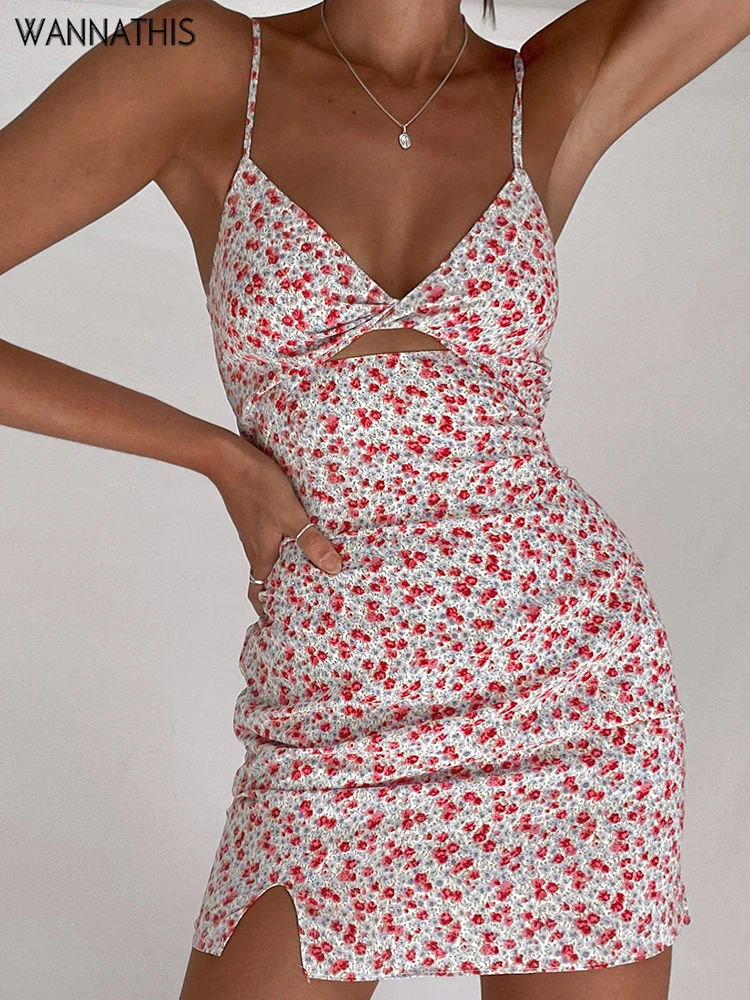 

WannaThis Women Y2K Summer Floral Mini Bodycon Dresses Sleeveless V Neck Cut Out Hem Aesthetics 2022 Beachwear Evening Dresses